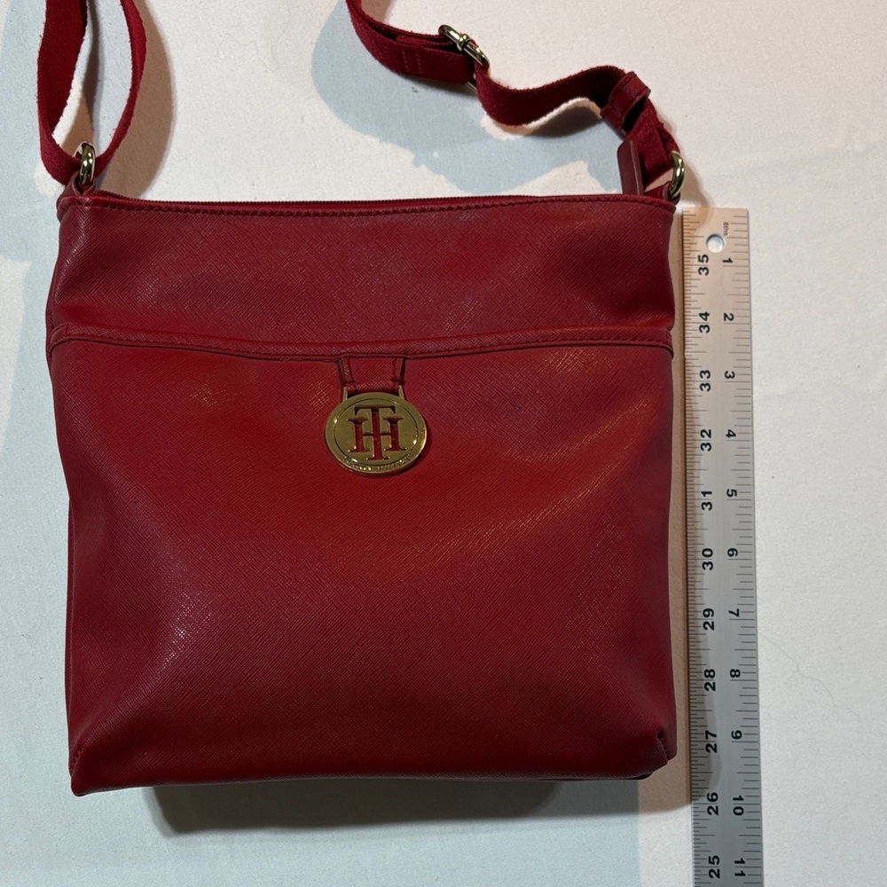 Tommy Hilfiger Red Leather Crossbody Bag Red Canvas Adj Strap - Picture 12 of 13